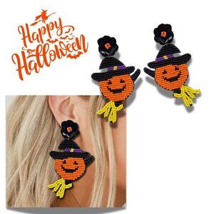 Happy Jack Pumpkin Seed Beaded Artisan Halloween Theme Dangle Earrings